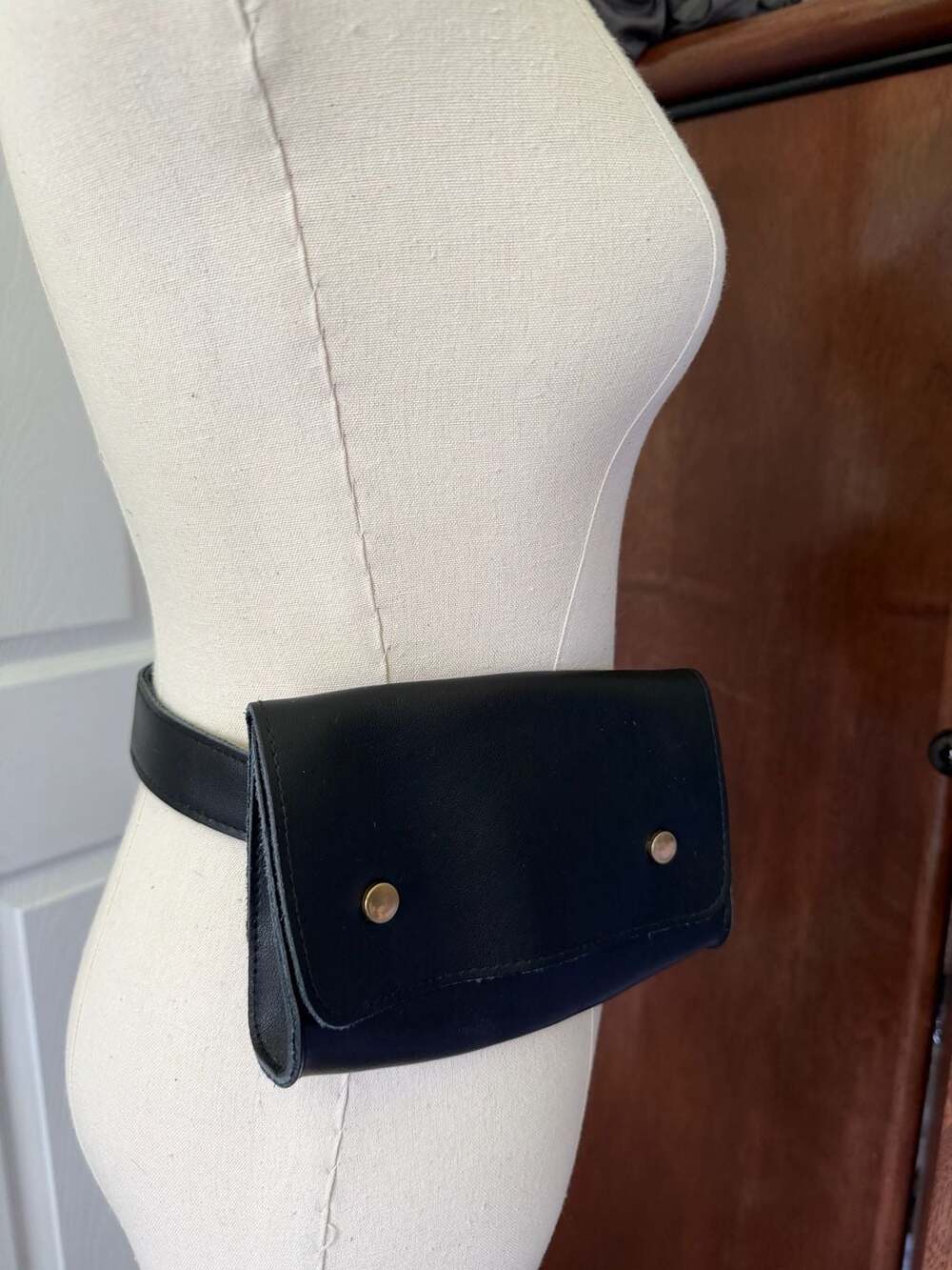 Gigi Pip Black Leather Belt Sling Bag with Gold Hardware - Picture 11 of 15